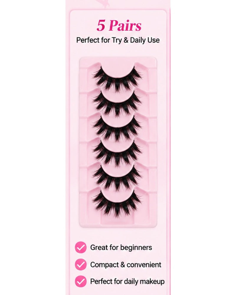 Manga Style Cat Eye False Eyelashes – 5 Pairs Spiky Anime Lashes for a Dramatic Doll Eye Look