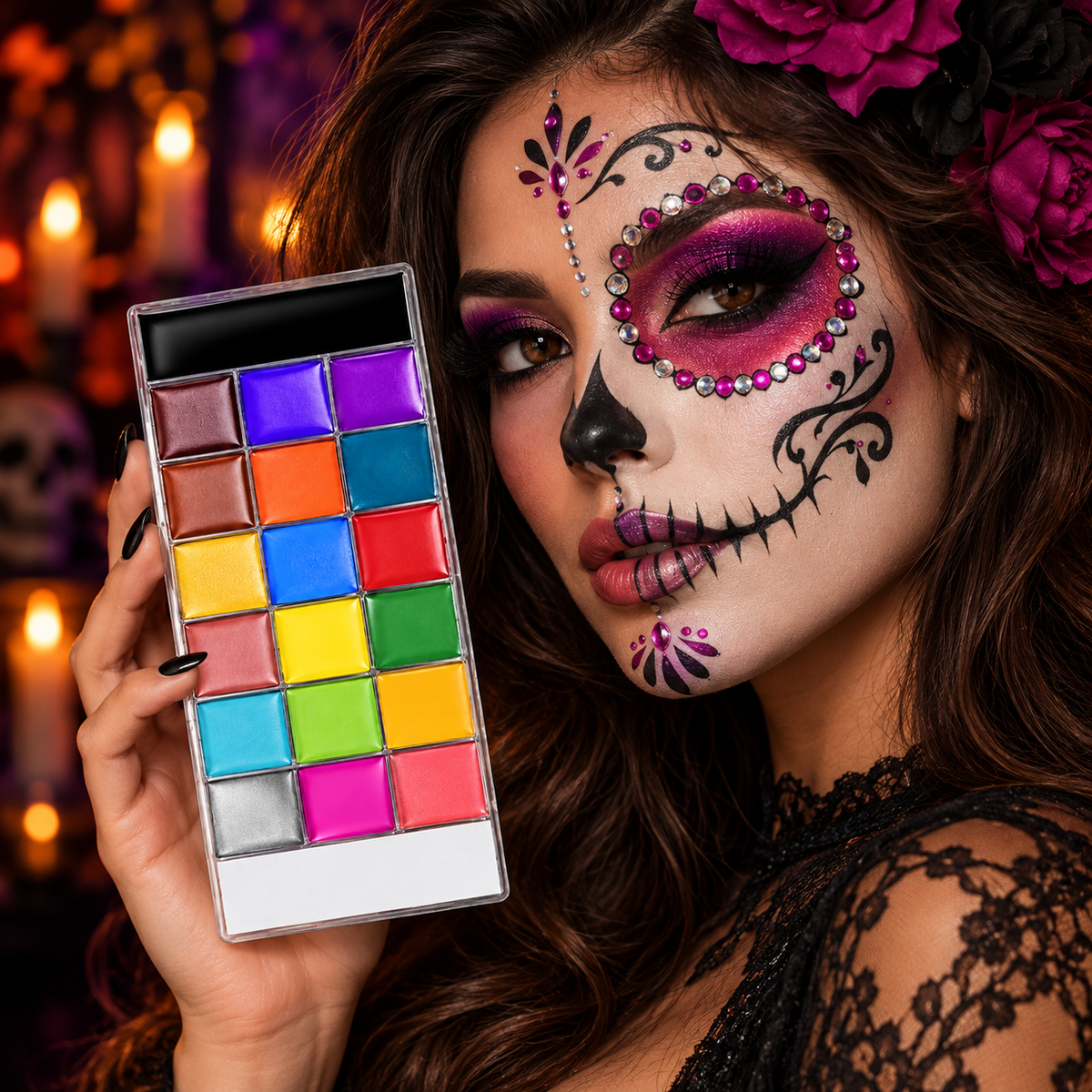 20-Color Face & Body Paint Kit with 10 Brushes – Vibrant Halloween Makeup & Cosplay Paint Set