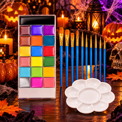 20-Color Face & Body Paint Kit with 10 Brushes – Vibrant Halloween Makeup & Cosplay Paint Set
