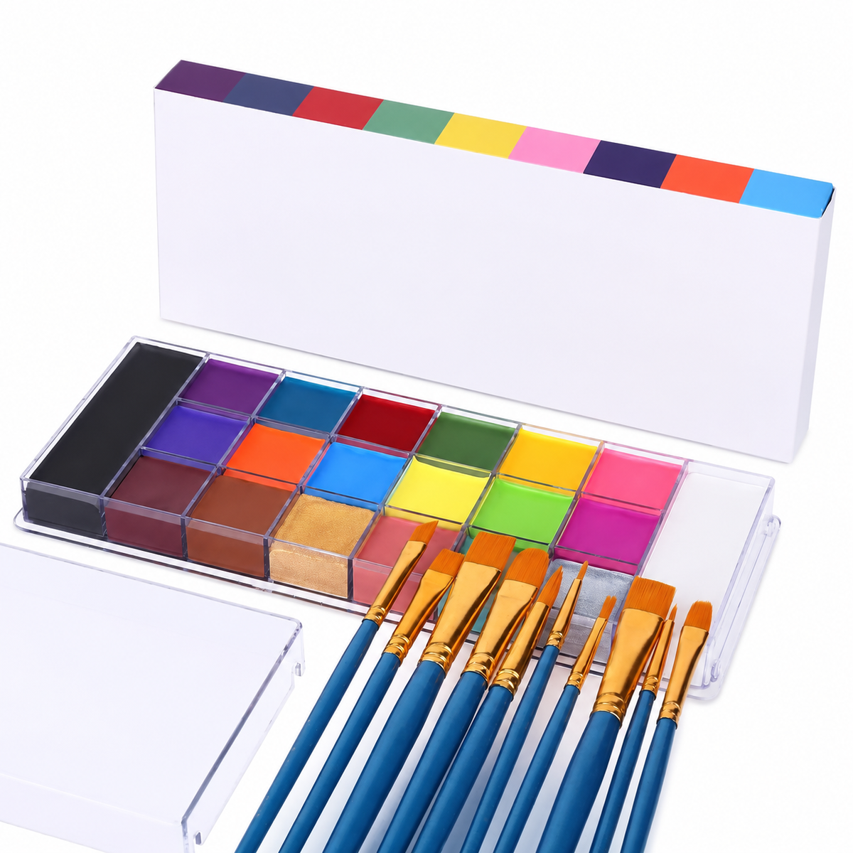 20-Color Face & Body Paint Kit with 10 Brushes – Vibrant Halloween Makeup & Cosplay Paint Set