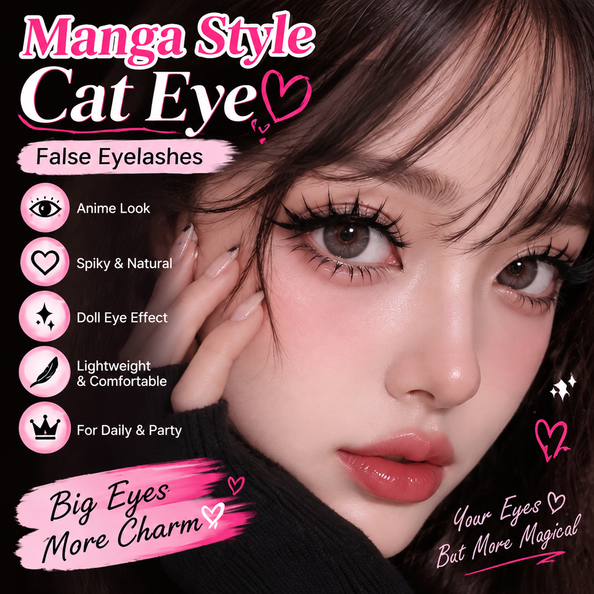 Manga Style Cat Eye False Eyelashes – 5 Pairs Spiky Anime Lashes for a Dramatic Doll Eye Look