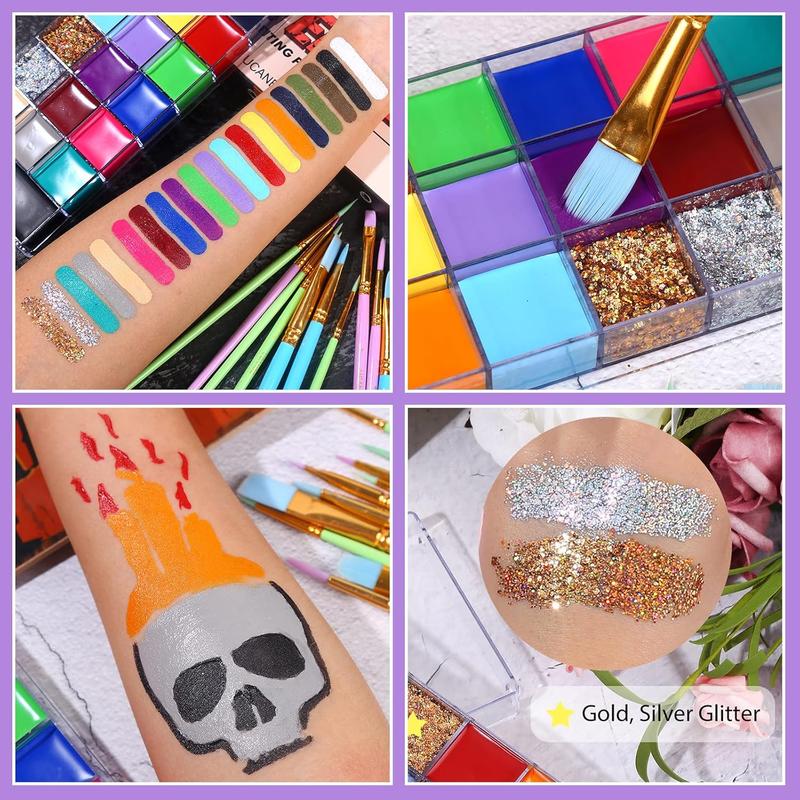 20-Color Face & Body Paint Kit with 10 Brushes – Vibrant Halloween Makeup & Cosplay Paint Set